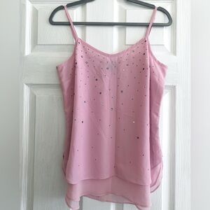 Pink Spaghetti Strap Layered Tank Top with Sparkle Accents